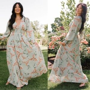 Baltic Born Maxi Dress M Sage Peach Green Floral Long Sleeve Olivia V Neck Flowy